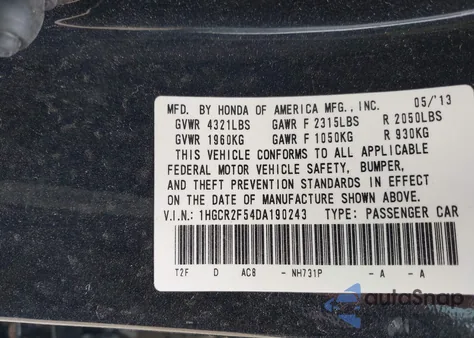 2013 Honda Accord Sport из США, поврежденный, VIN 1HGCR2F54DA190243